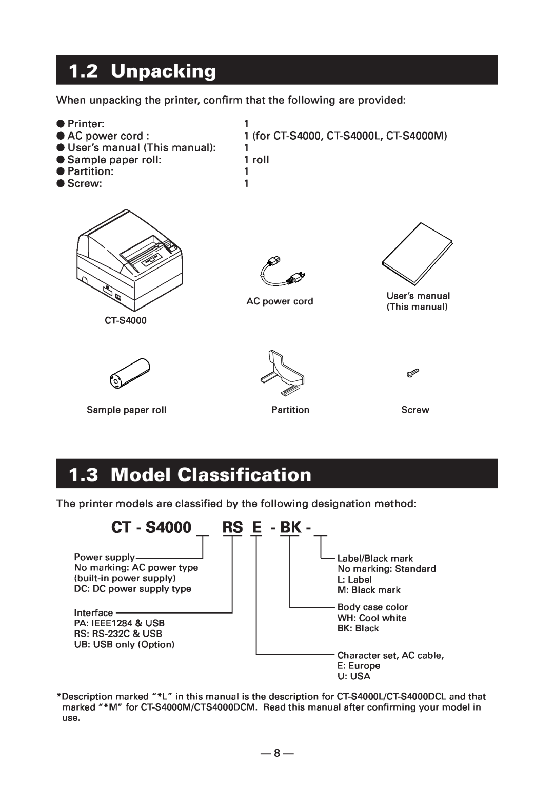 Citizen Systems CT-S4000DCM, CT-S4000L, CT-S4000M, CT-S4000DCL Unpacking, Model Classification, CT - S4000 RS E - BK 
