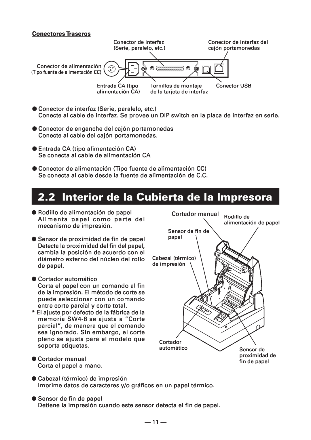 Citizen Systems CT-S4000L, CT-S4000M, CT-S4000DCL user manual Interior de la Cubierta de la Impresora, Conectores Traseros 