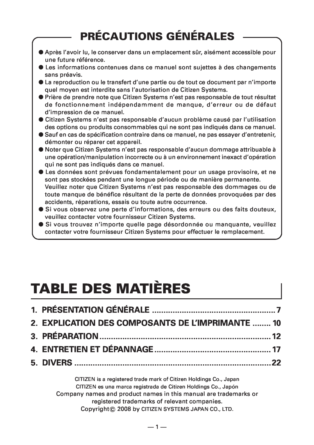 Citizen Systems CT-S4000DCM Table Des Matières, Précautions Générales, Divers, Présentation Générale, Préparation 