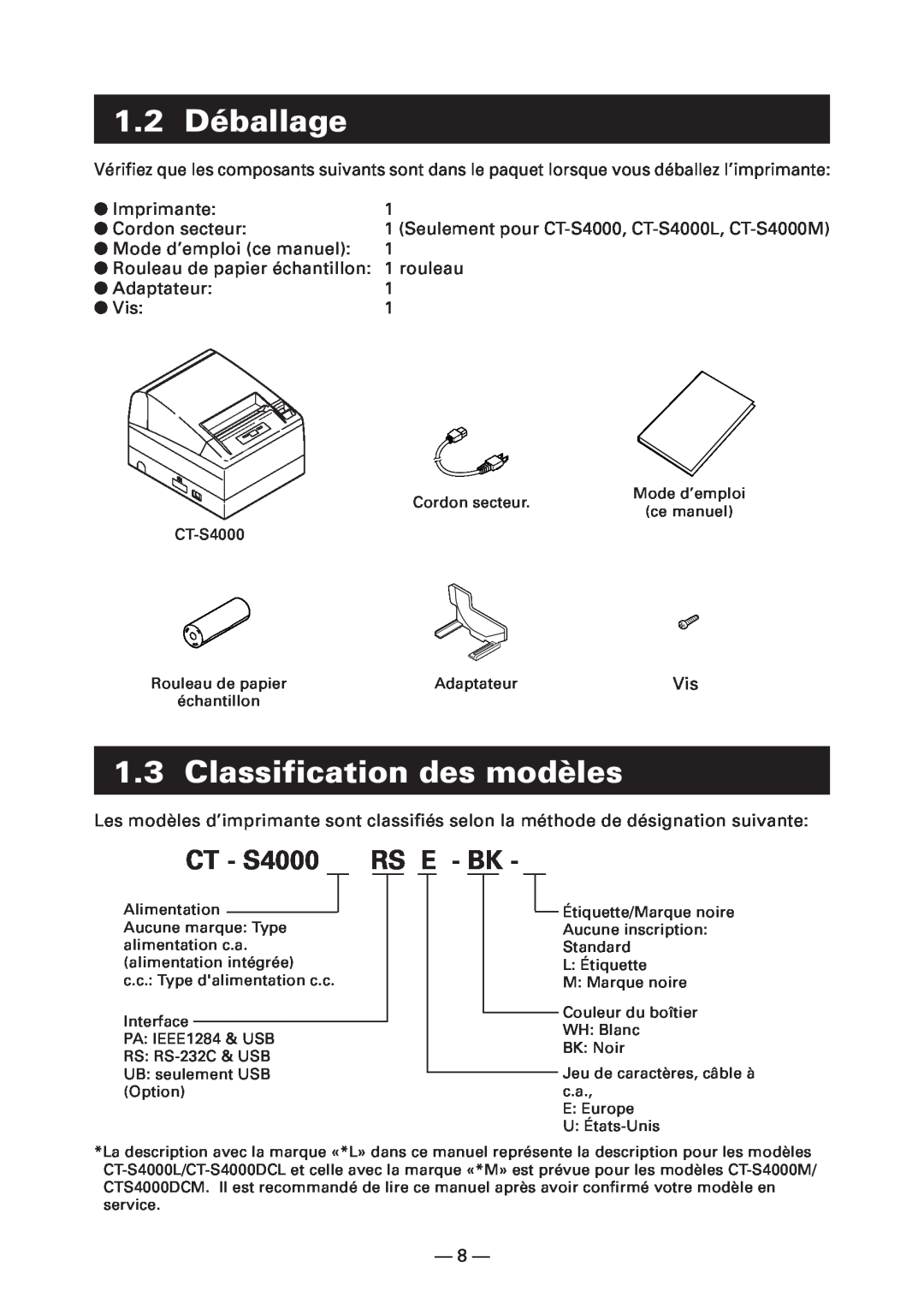 Citizen Systems CT-S4000L 1.2 Déballage, Classification des modèles, CT - S4000 RS E - BK, Imprimante, Cordon secteur 