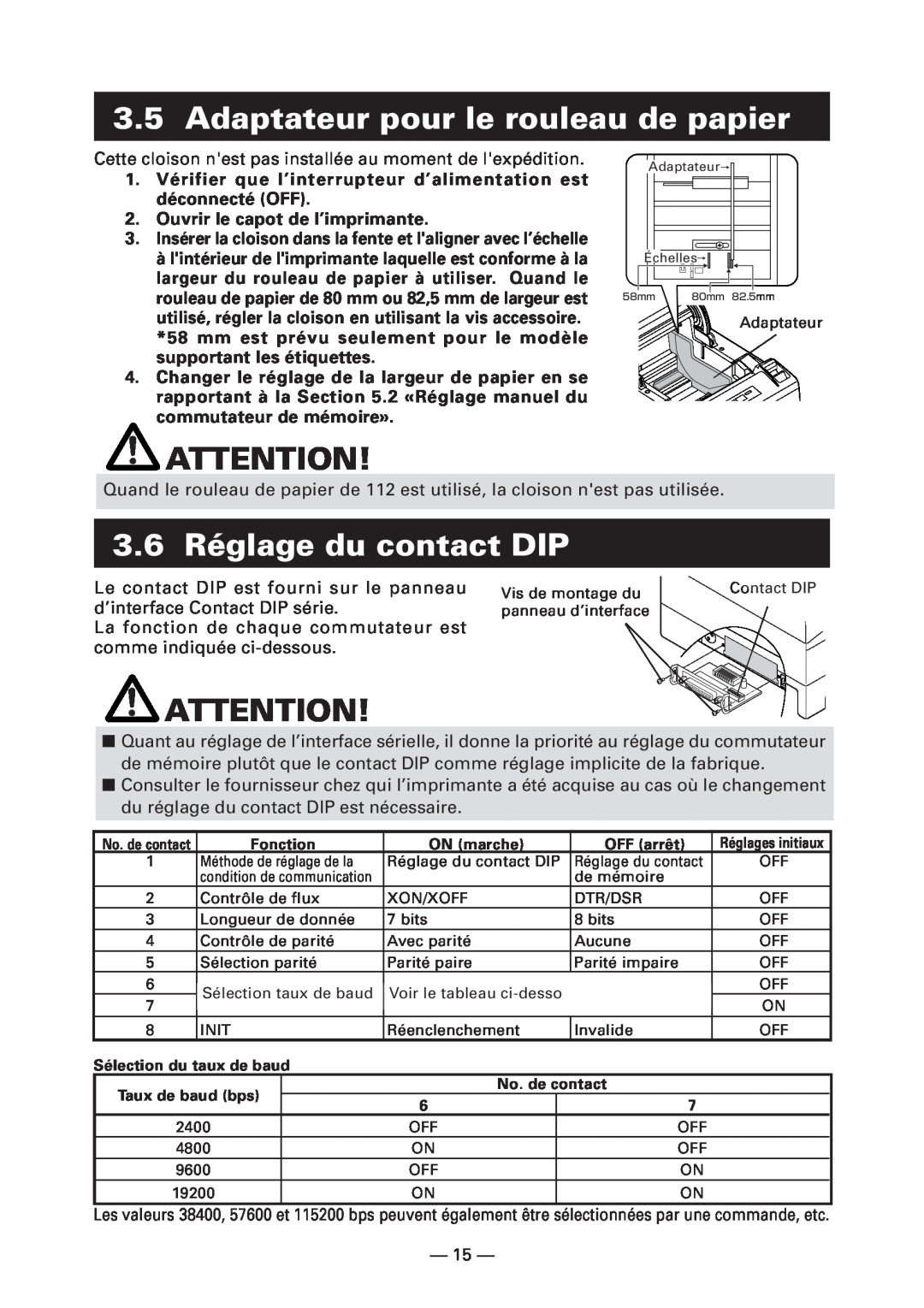 Citizen Systems CT-S4000 Adaptateur pour le rouleau de papier, 3.6 Réglage du contact DIP, Ouvrir le capot de l’imprimante 