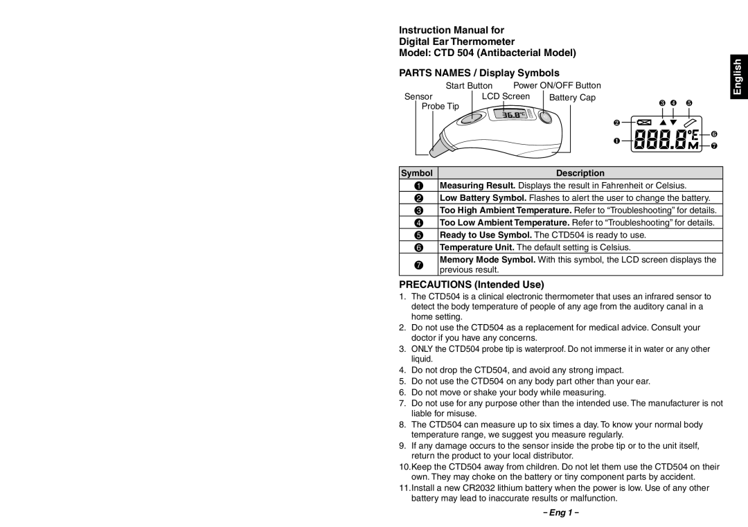 Citizen Systems CTD 504 instruction manual Precautions Intended Use, Description 