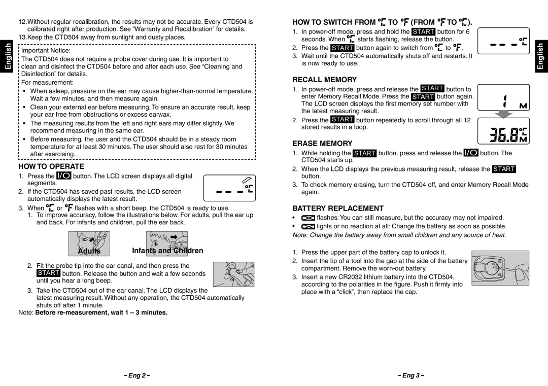 Citizen Systems CTD 504 HOW to Operate, HOW to Switch from to from to, Recall Memory, Erase Memory, Battery Replacement 