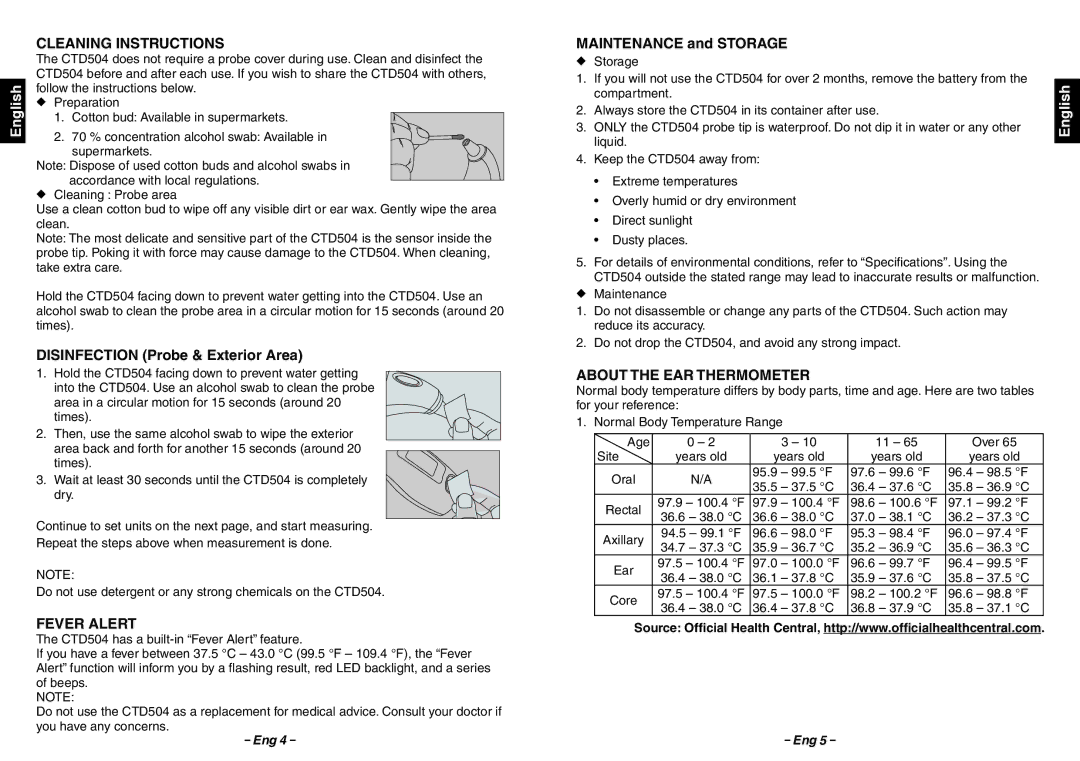 Citizen Systems CTD 504 Cleaning Instructions, Disinfection Probe & Exterior Area, Fever Alert, Maintenance and Storage 