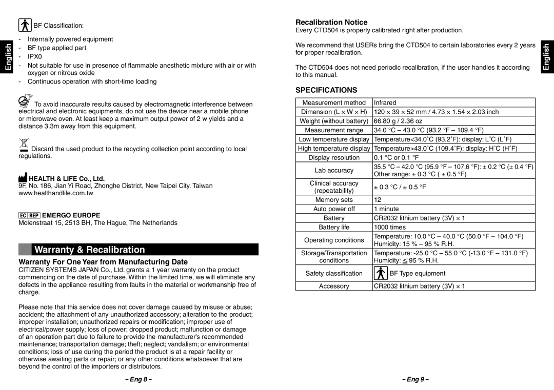 Citizen Systems CTD 504 Warranty For One Year from Manufacturing Date, Recalibration Notice, Specifications 