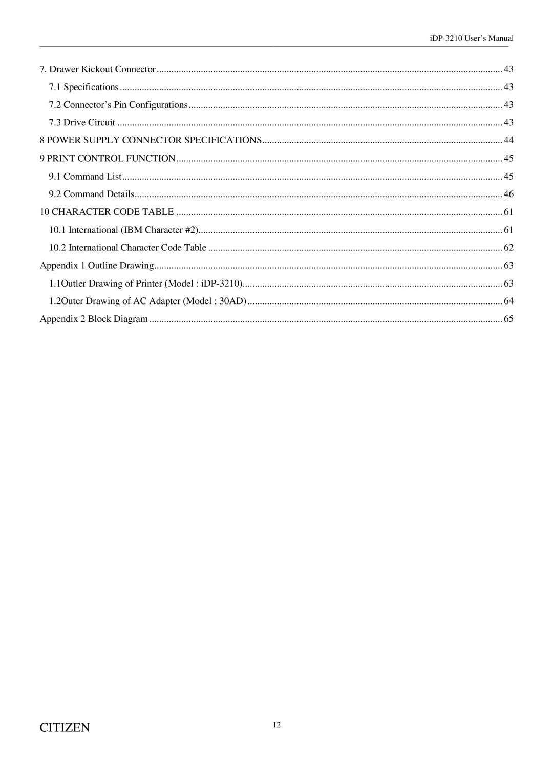 Citizen Systems iDP-3210 user manual Power Supply Connector Specifications Print Control Function 