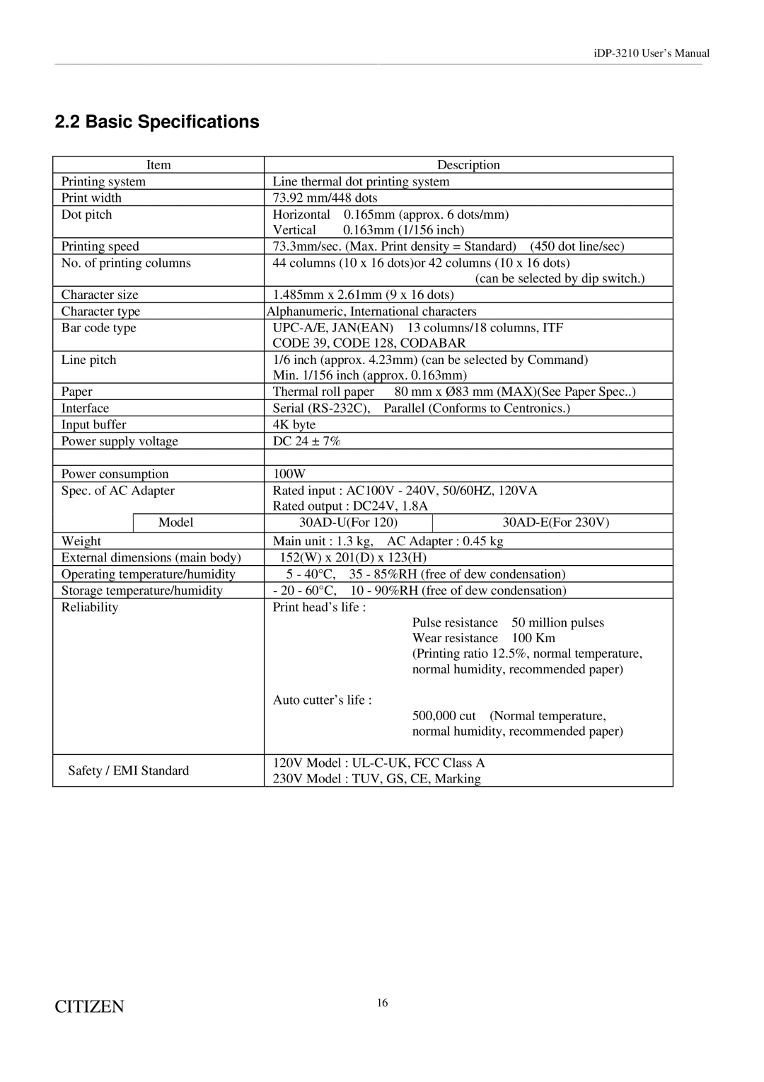 Citizen Systems iDP-3210 user manual Basic Specifications, Code 39, Code 128, Codabar 