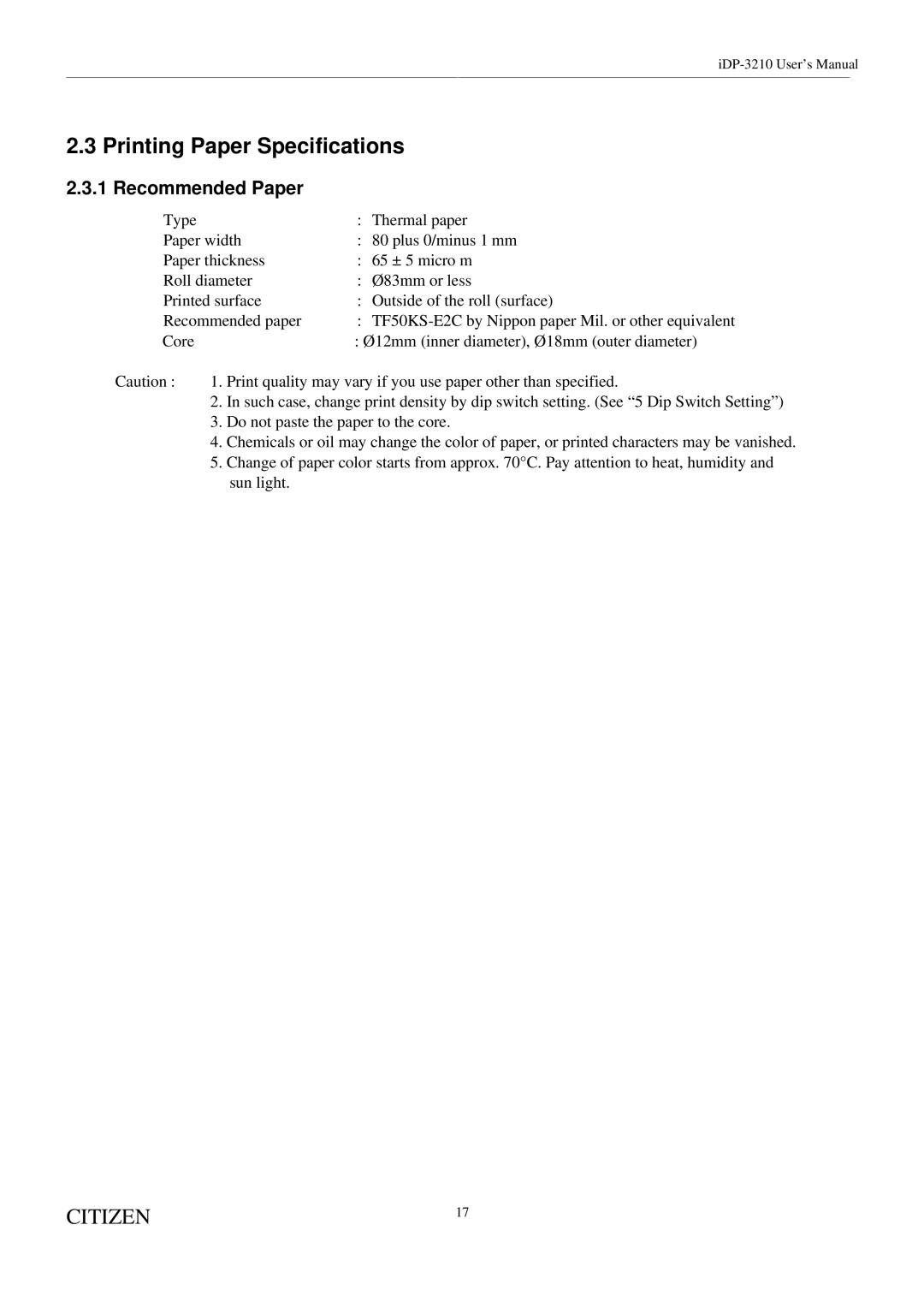 Citizen Systems iDP-3210 user manual Printing Paper Specifications, Recommended Paper 