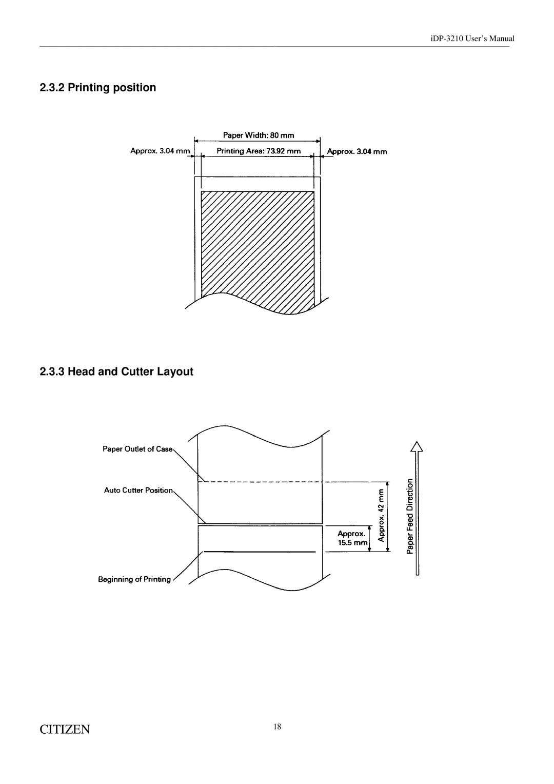 Citizen Systems iDP-3210 user manual Printing position Head and Cutter Layout 