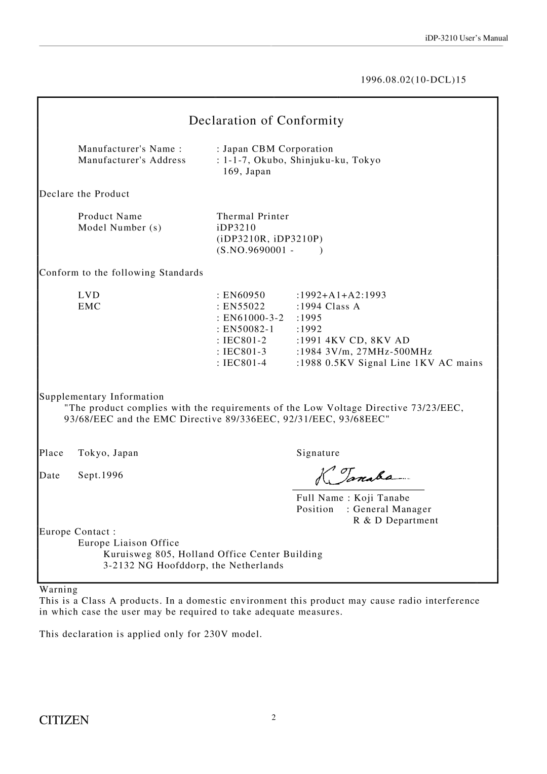 Citizen Systems iDP-3210 user manual Lvd, Emc 