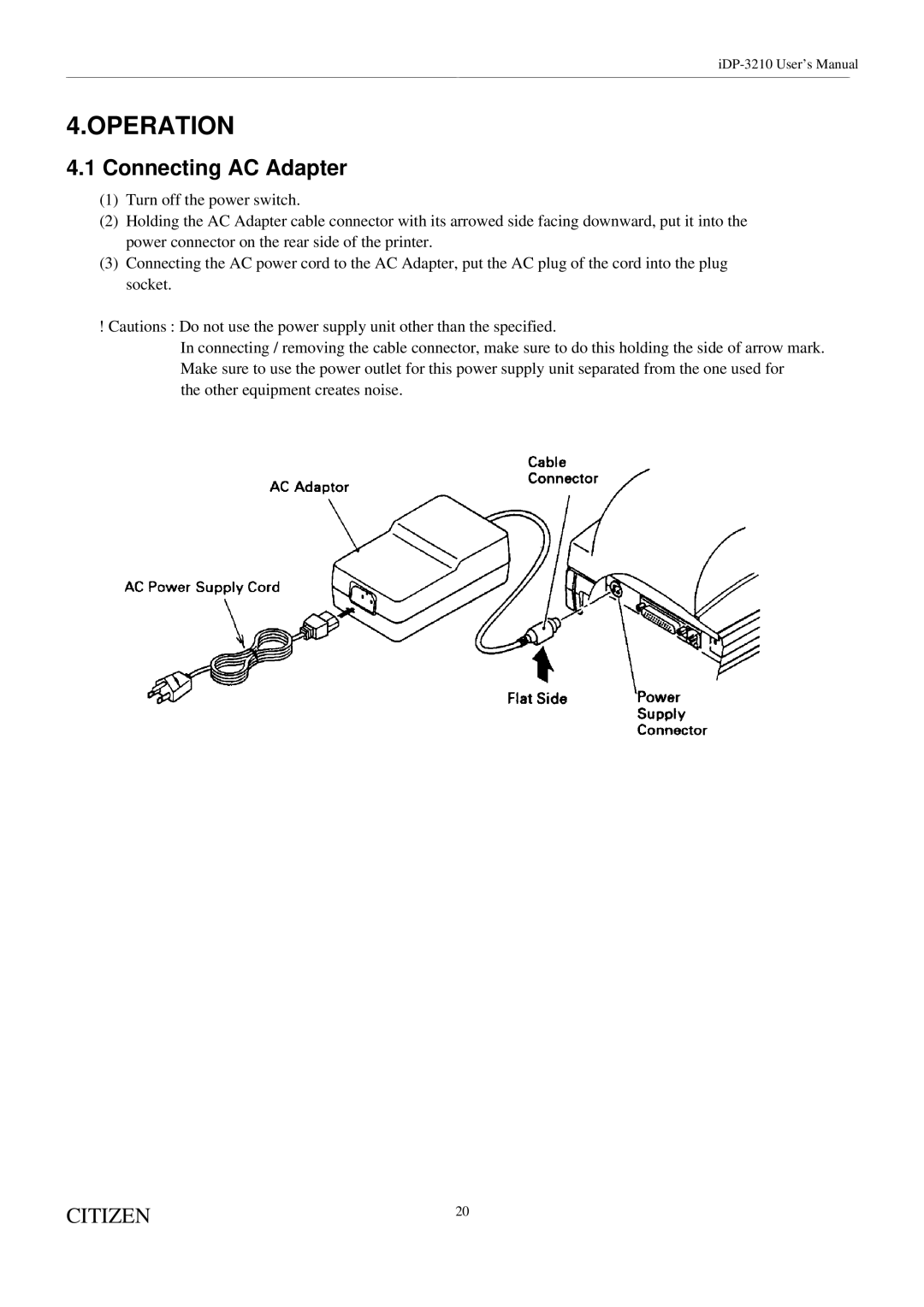 Citizen Systems iDP-3210 user manual Operation, Connecting AC Adapter 