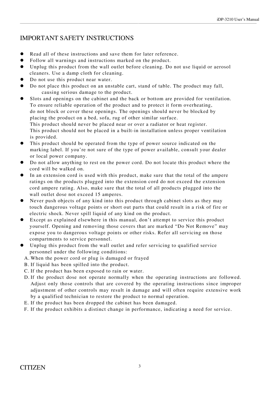 Citizen Systems iDP-3210 user manual Important Safety Instructions 