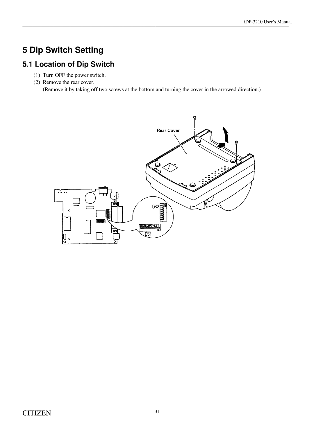 Citizen Systems iDP-3210 user manual Dip Switch Setting, Location of Dip Switch 