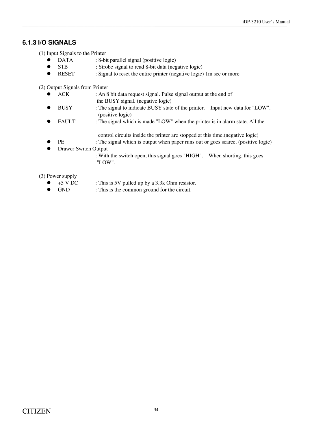 Citizen Systems iDP-3210 user manual Data, Stb, Reset, Fault 