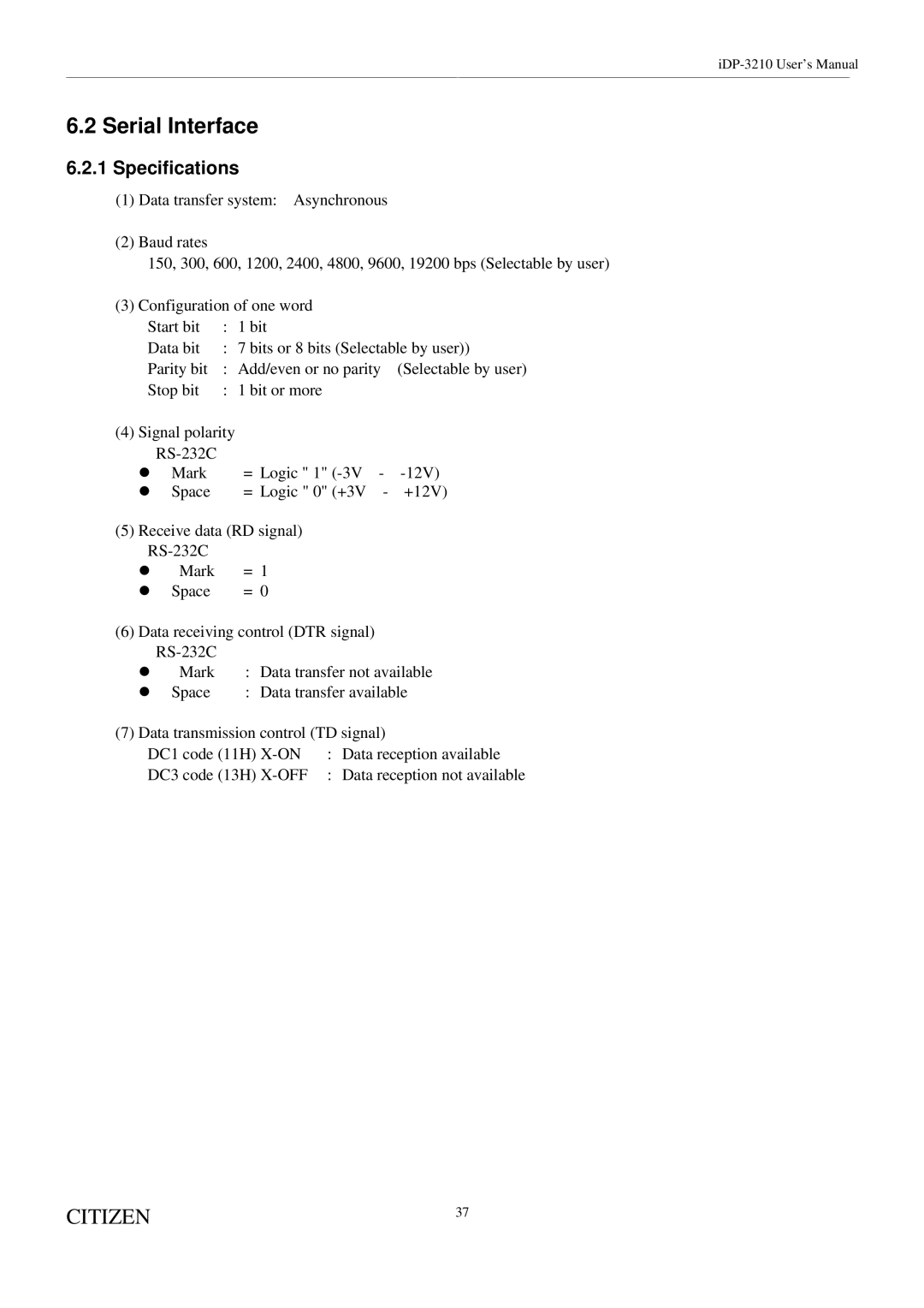 Citizen Systems iDP-3210 user manual Serial Interface, Off 