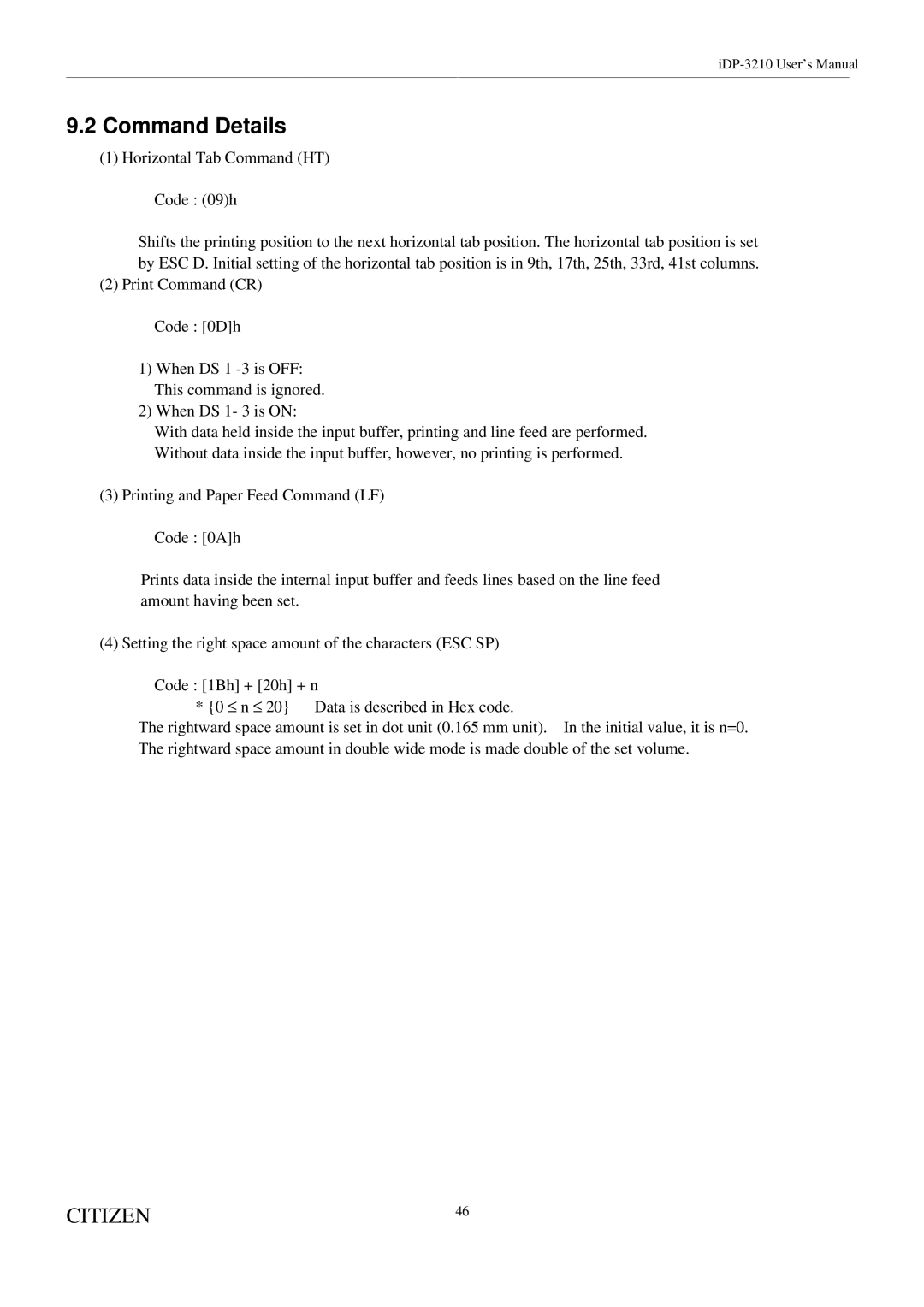 Citizen Systems iDP-3210 user manual Command Details, Horizontal Tab Command HT Code 09h 