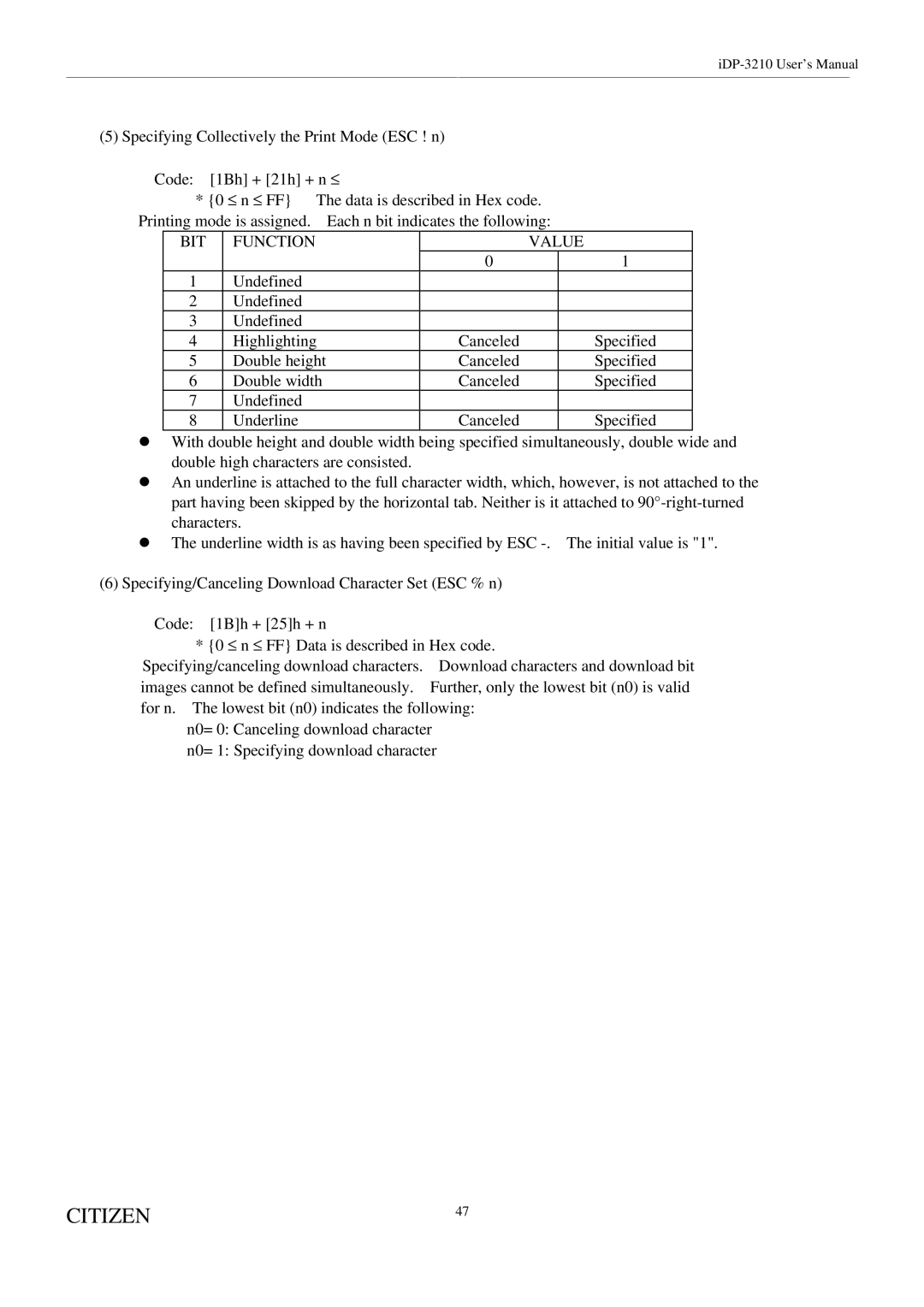 Citizen Systems iDP-3210 user manual BIT Function Value 