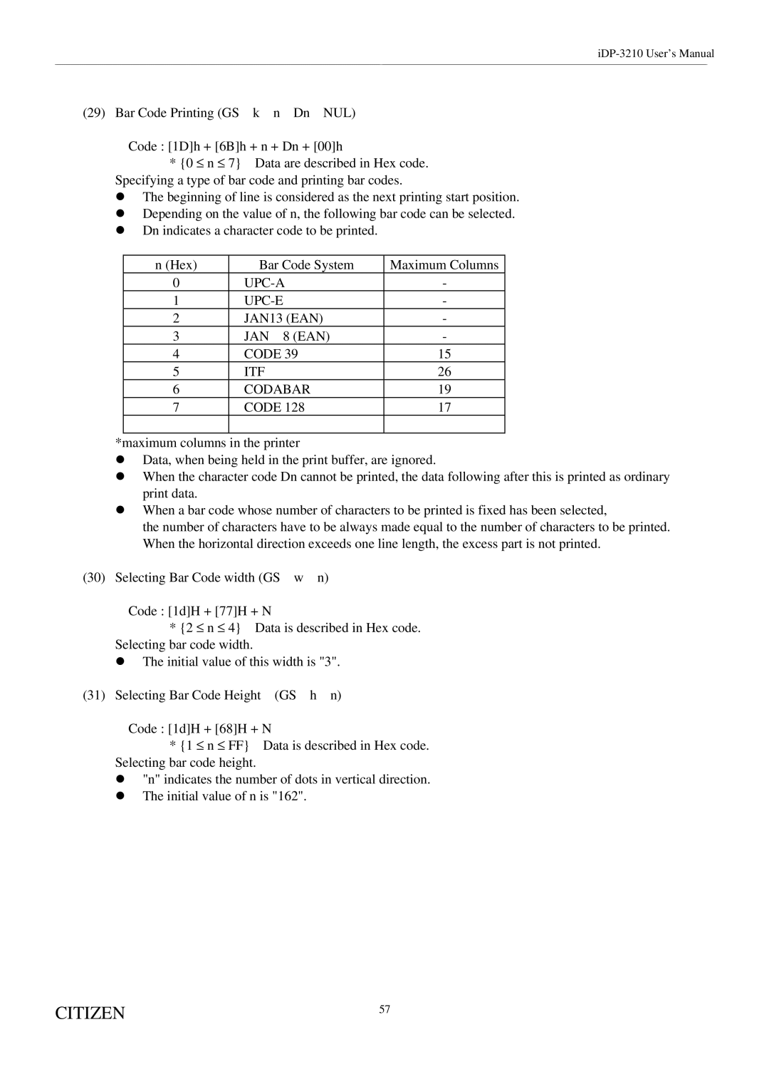 Citizen Systems iDP-3210 user manual UPC-A UPC-E JAN13 EAN JAN 8 EAN Code ITF Codabar 