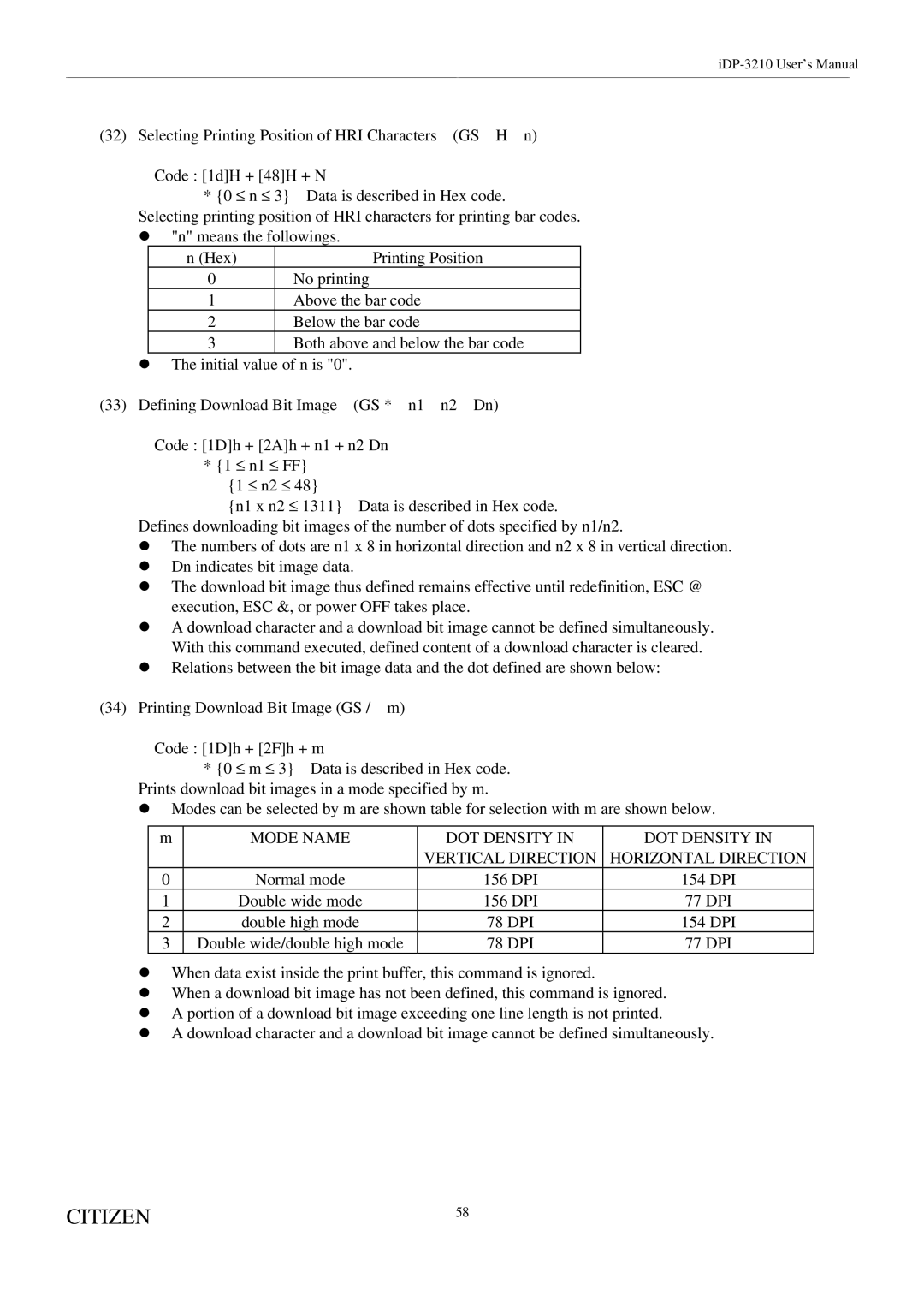 Citizen Systems iDP-3210 user manual Mode Name DOT Density 