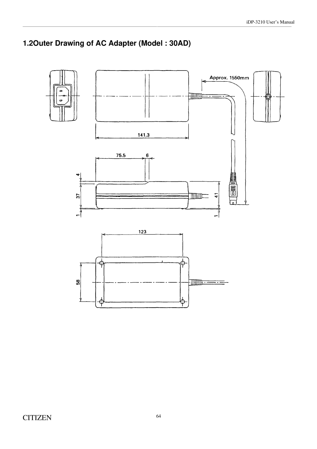 Citizen Systems iDP-3210 user manual 2Outer Drawing of AC Adapter Model 30AD 