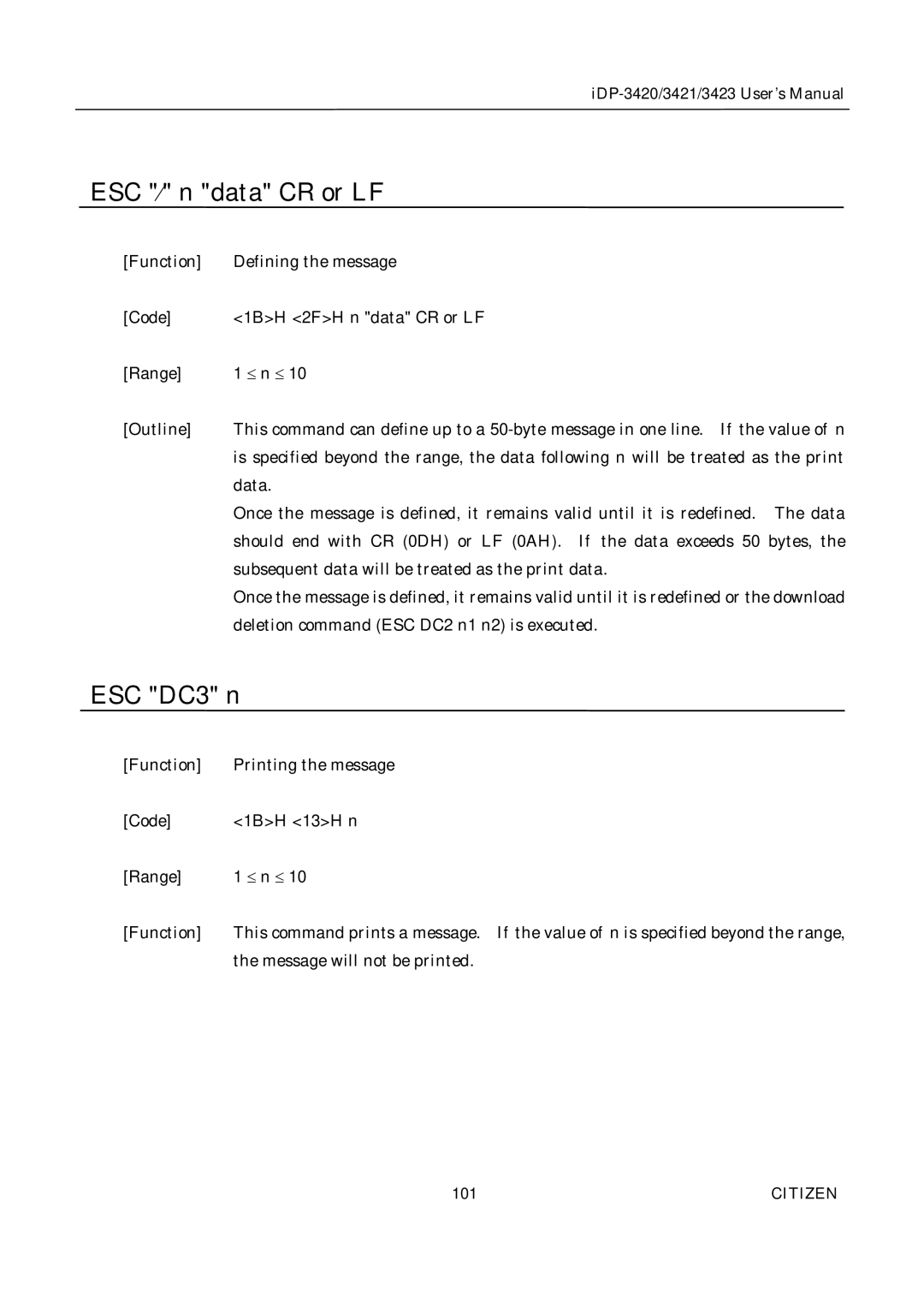 Citizen Systems iDP-3423, iDP-3420, iDP-3421 user manual ESC ¤ n data CR or LF 