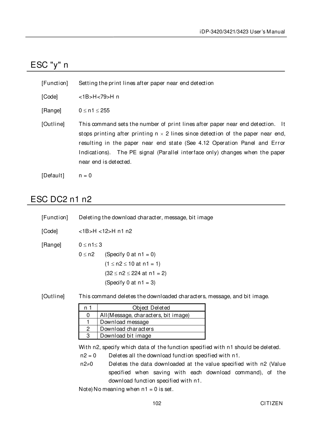 Citizen Systems iDP-3420, iDP-3421, iDP-3423 user manual ESC y n 