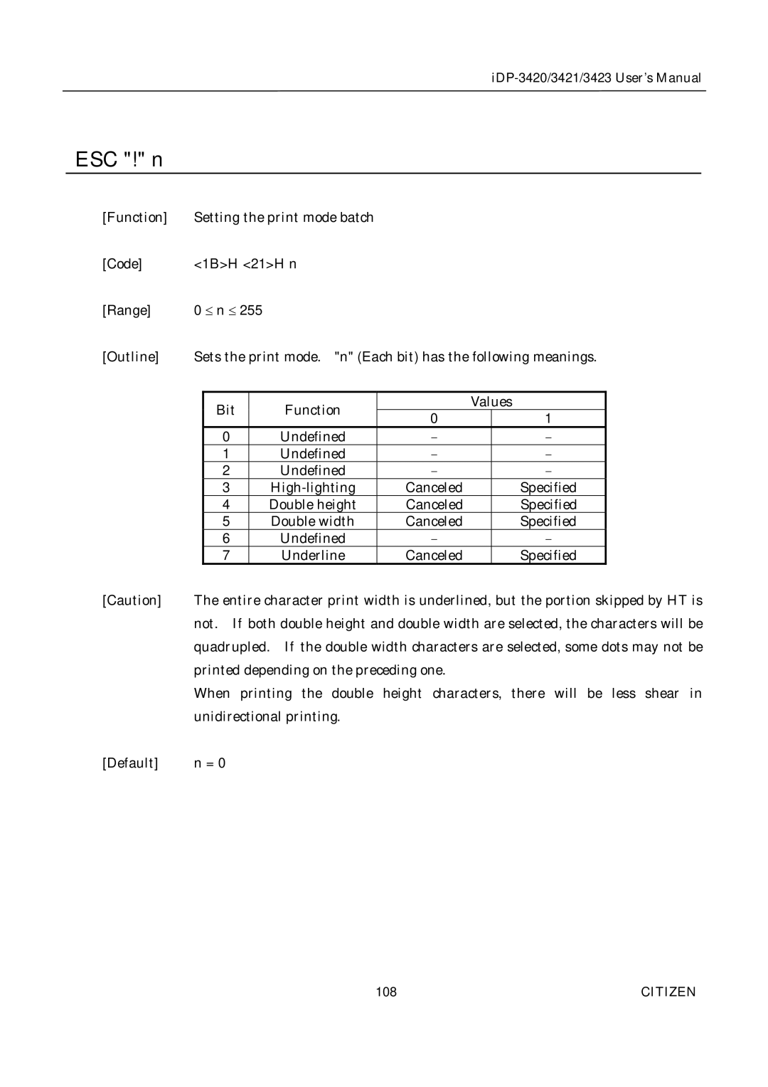 Citizen Systems iDP-3420, iDP-3421, iDP-3423 user manual ESC ! n 