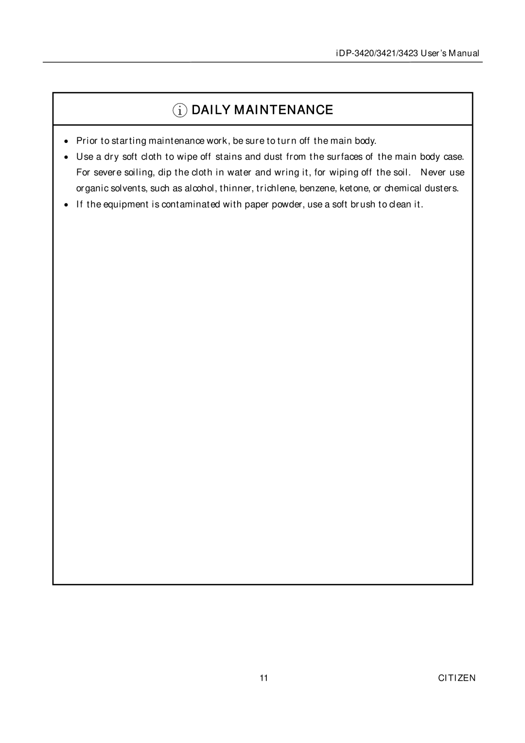 Citizen Systems iDP-3423, iDP-3420, iDP-3421 user manual Daily Maintenance 