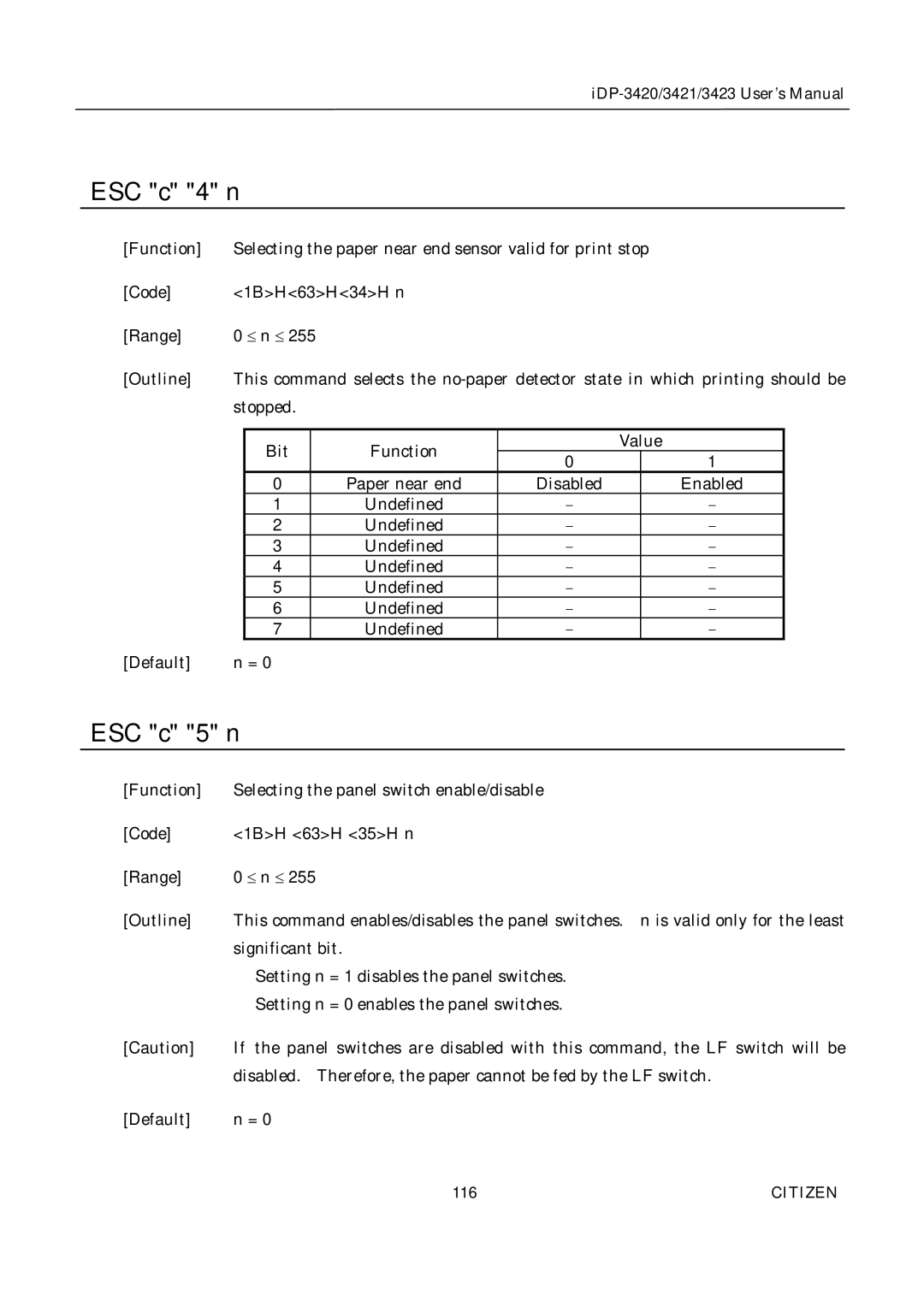 Citizen Systems iDP-3423, iDP-3420, iDP-3421 user manual ESC c 4 n, ESC c 5 n 