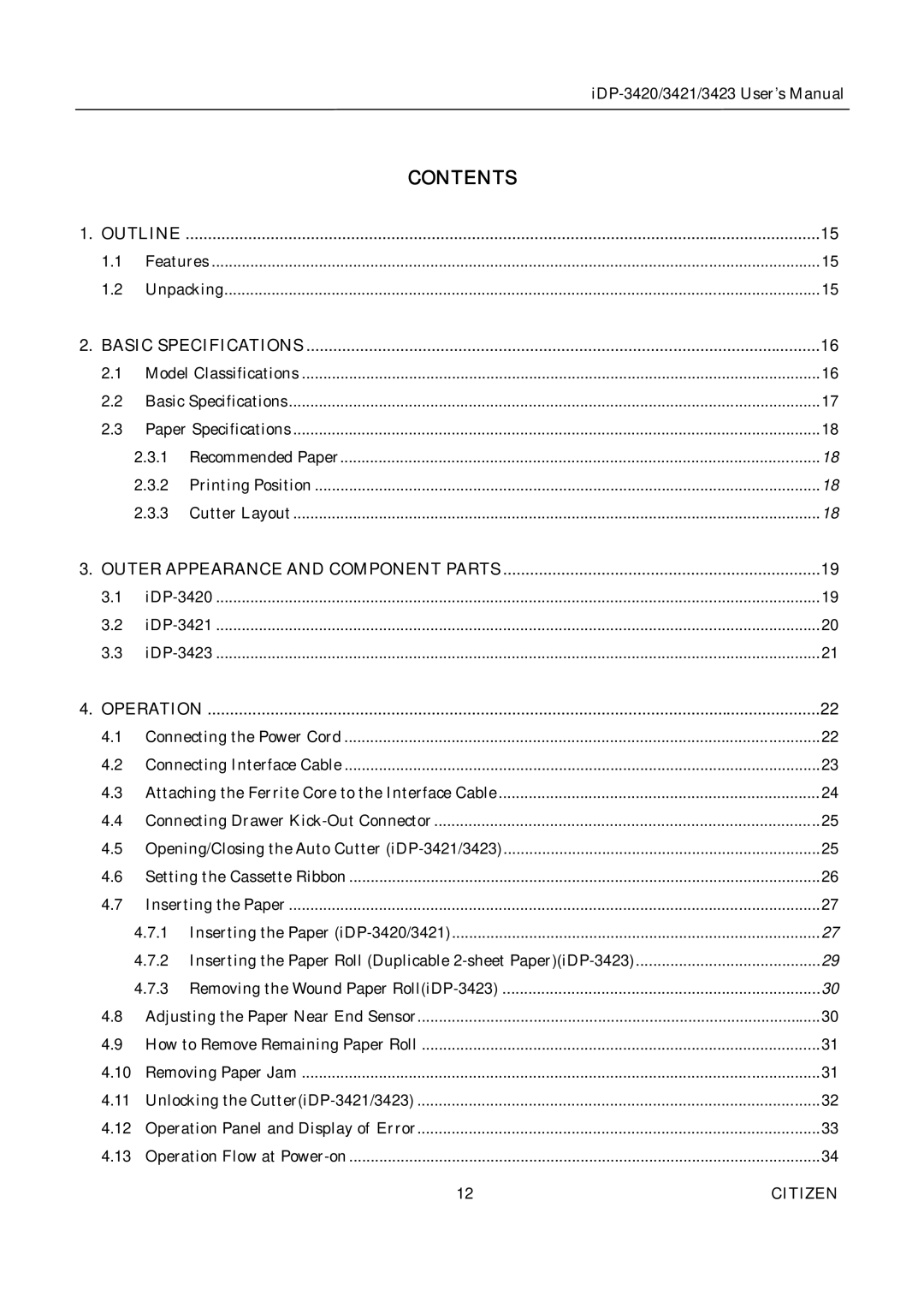 Citizen Systems iDP-3420, iDP-3421, iDP-3423 user manual Contents 