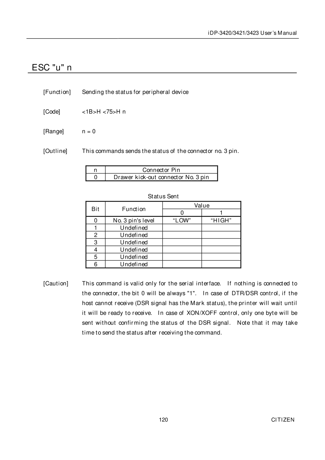 Citizen Systems iDP-3420, iDP-3421, iDP-3423 user manual ESC u n, LOW High 