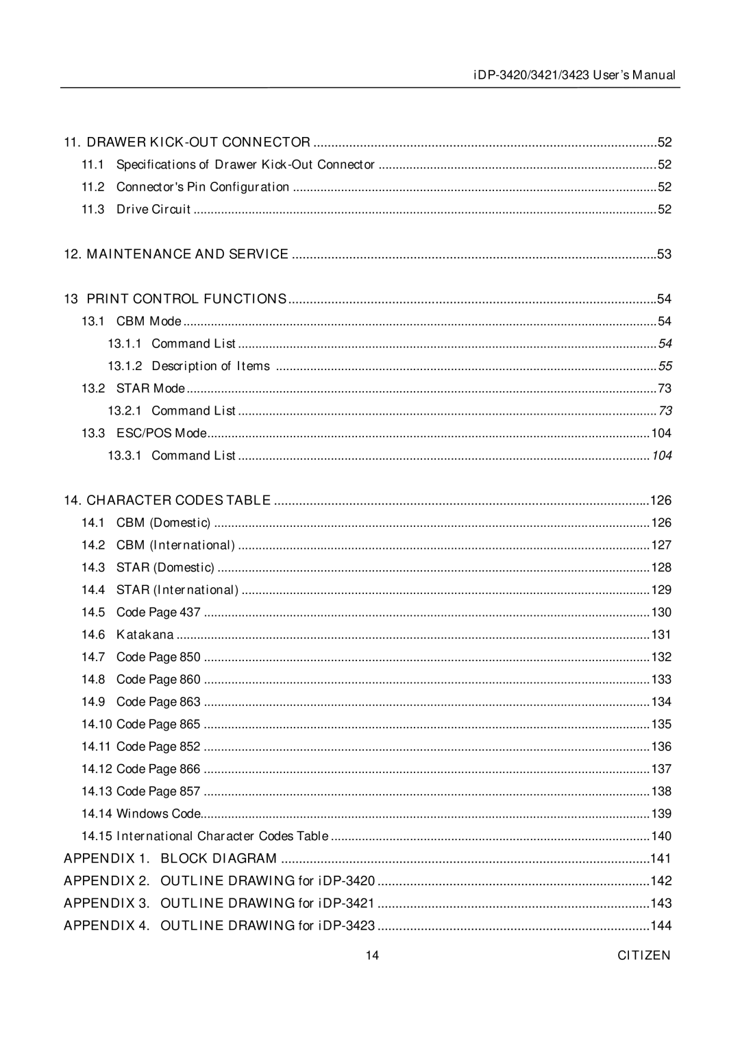 Citizen Systems iDP-3423, iDP-3420, iDP-3421 Drawer KICK-OUT Connector, Maintenance and Service, Appendix 1. Block Diagram 