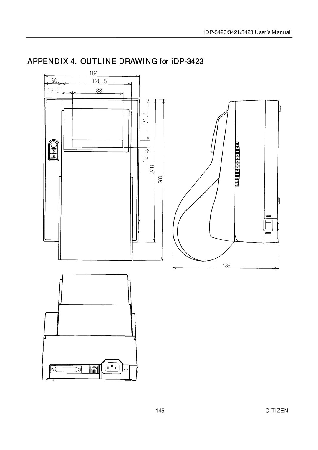 Citizen Systems iDP-3421, iDP-3420 user manual Appendix 4. Outline Drawing for iDP-3423 