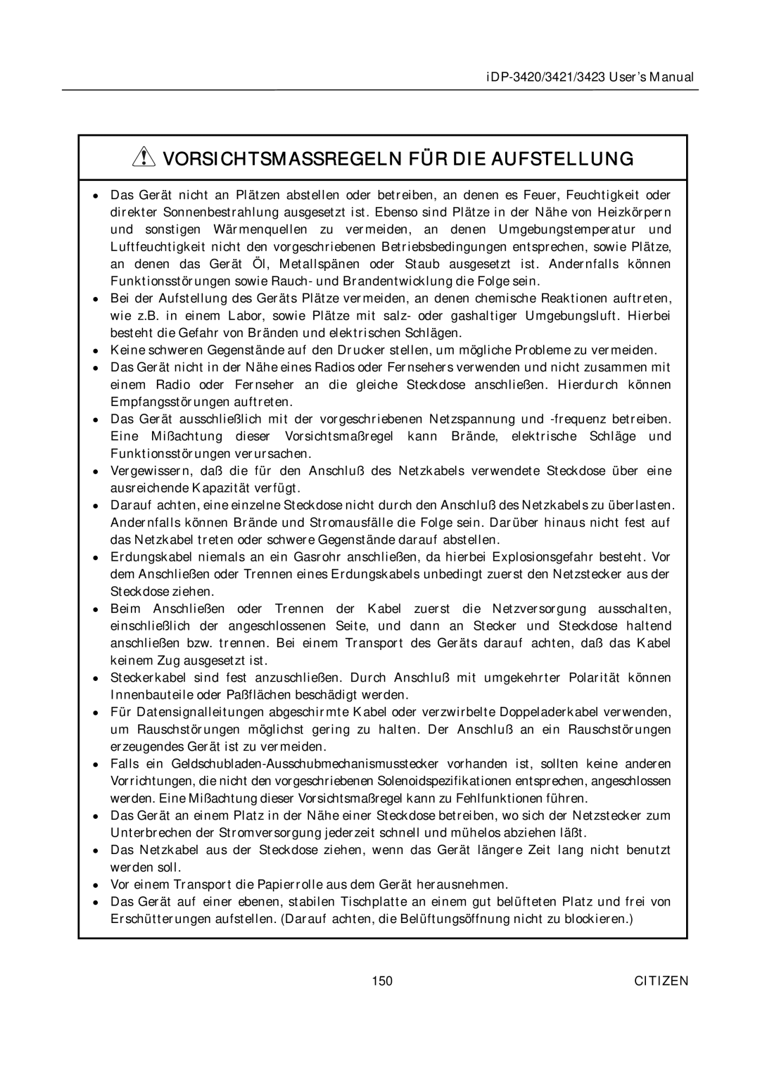 Citizen Systems iDP-3420, iDP-3421, iDP-3423 user manual Vorsichtsmassregeln FÜR DIE Aufstellung 