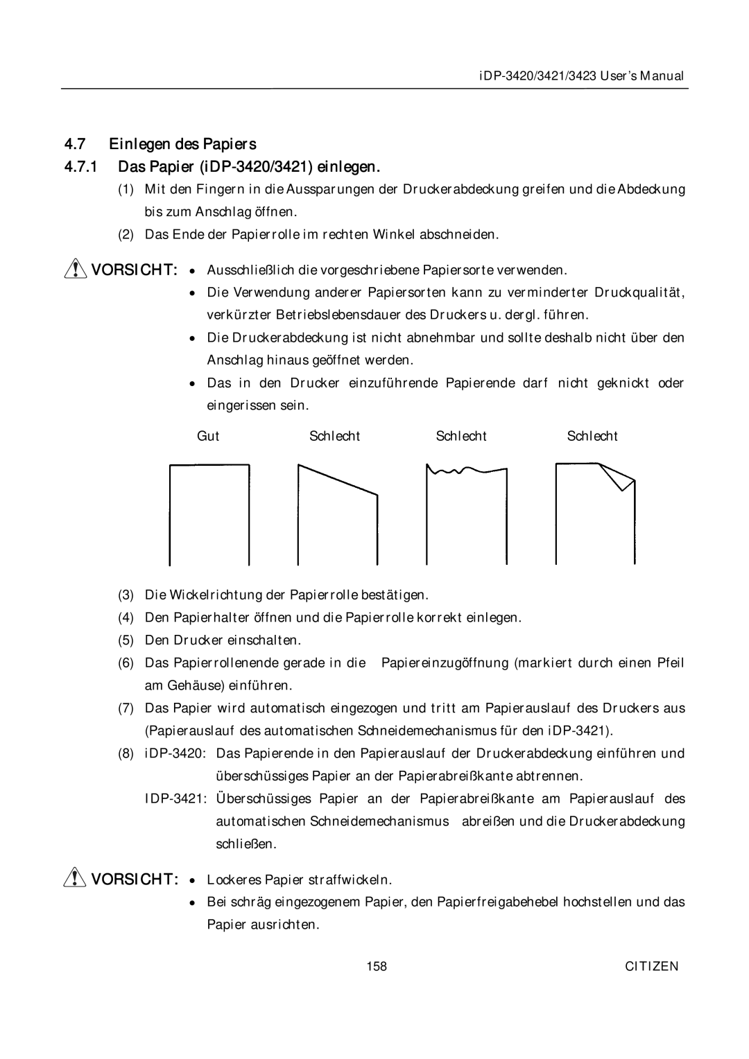 Citizen Systems iDP-3423, iDP-3421 user manual Einlegen des Papiers Das Papier iDP-3420/3421 einlegen 