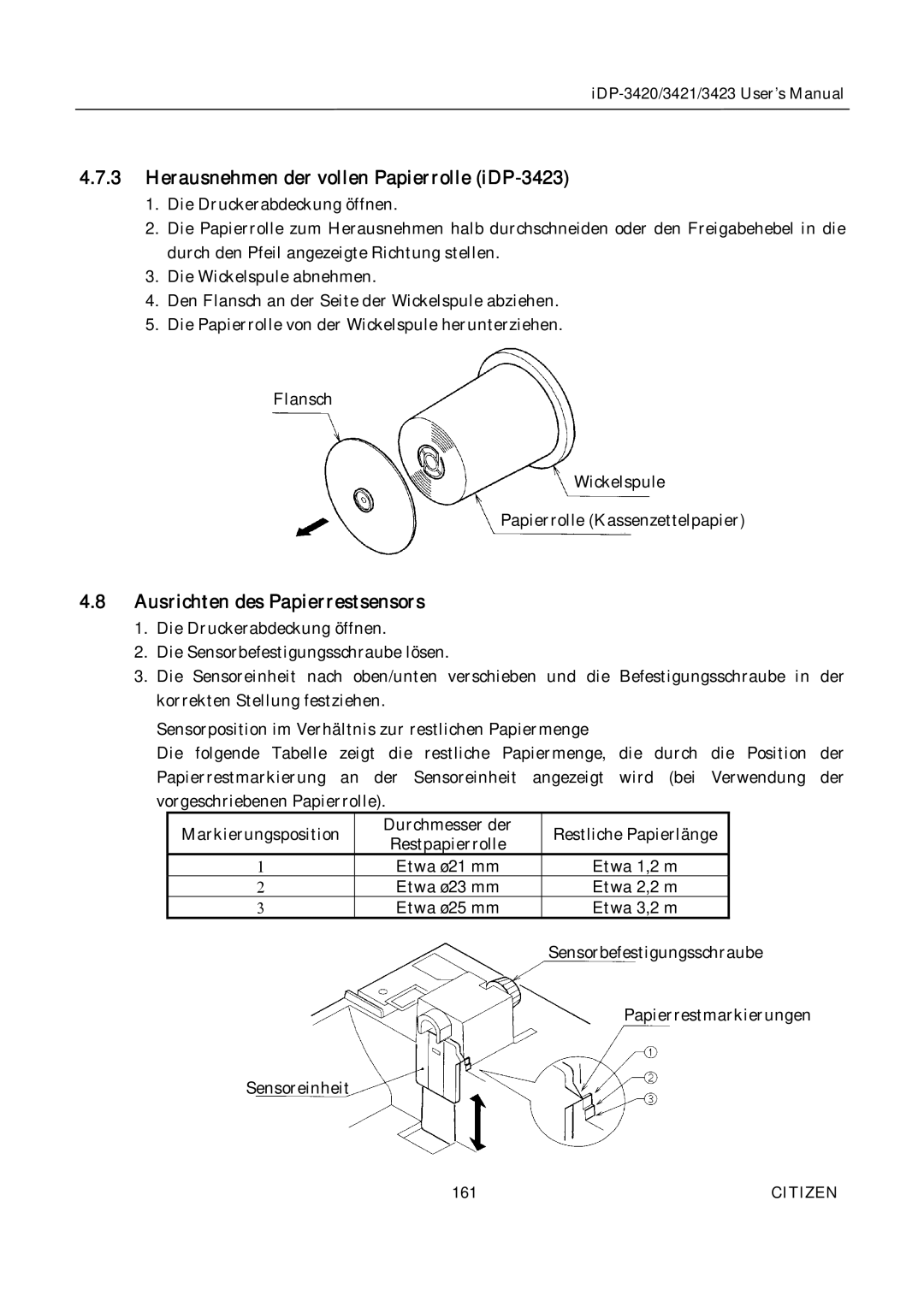 Citizen Systems iDP-3420, iDP-3421 Herausnehmen der vollen Papierrolle iDP-3423, Ausrichten des Papierrestsensors 