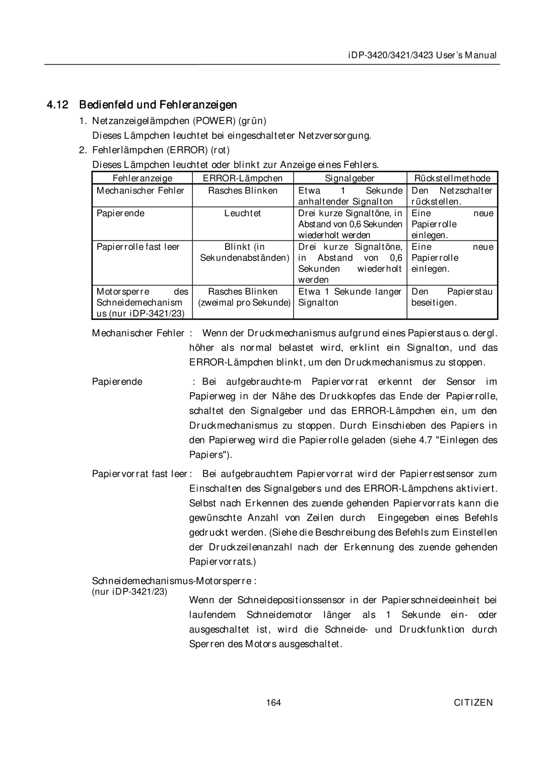 Citizen Systems iDP-3423, iDP-3420, iDP-3421 user manual Bedienfeld und Fehleranzeigen 