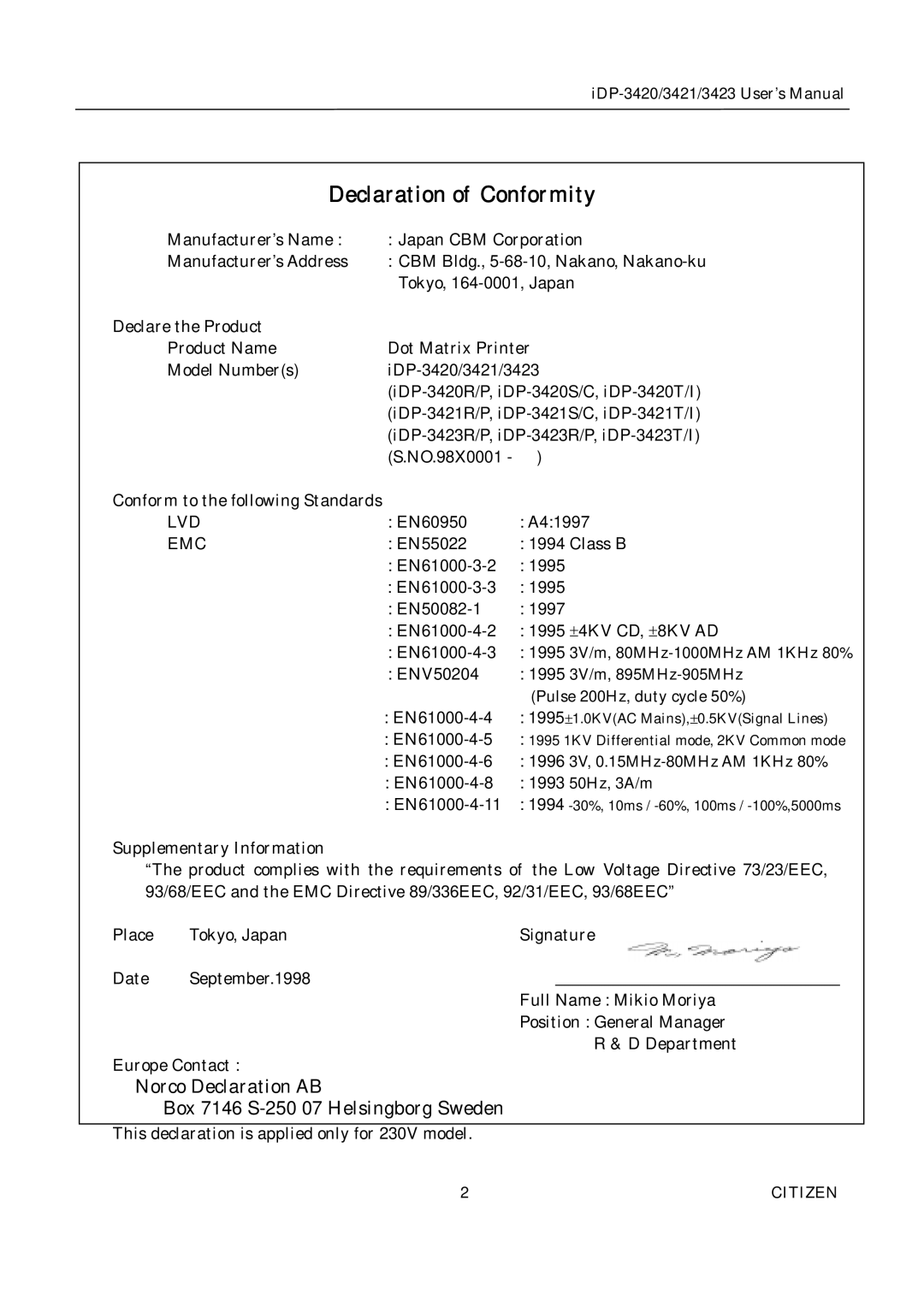 Citizen Systems iDP-3423, iDP-3420, iDP-3421 user manual Lvd, Emc 