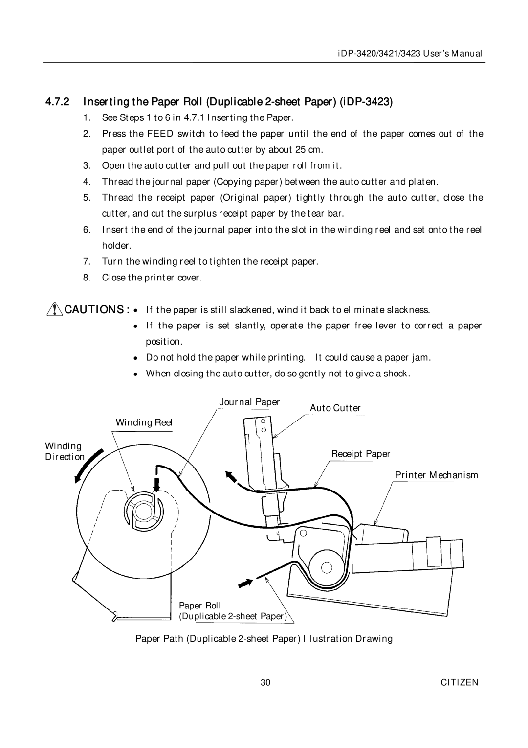 Citizen Systems iDP-3420, iDP-3421 user manual Inserting the Paper Roll Duplicable 2-sheet Paper iDP-3423 