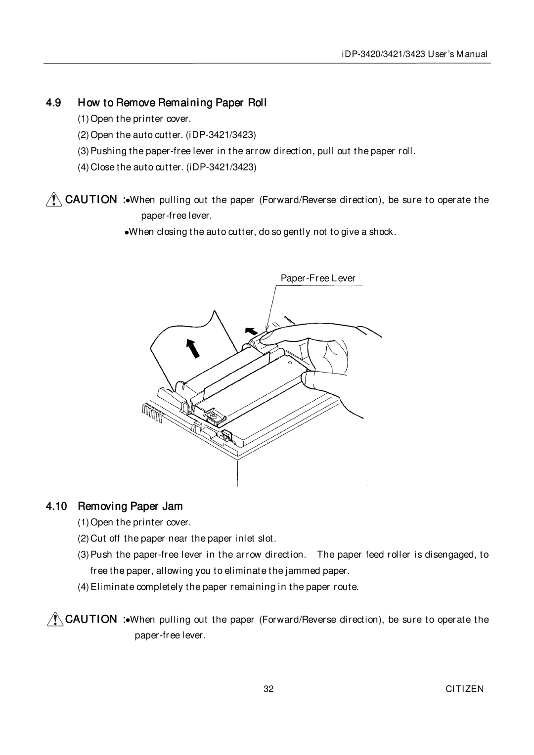 Citizen Systems iDP-3423, iDP-3420, iDP-3421 user manual How to Remove Remaining Paper Roll 