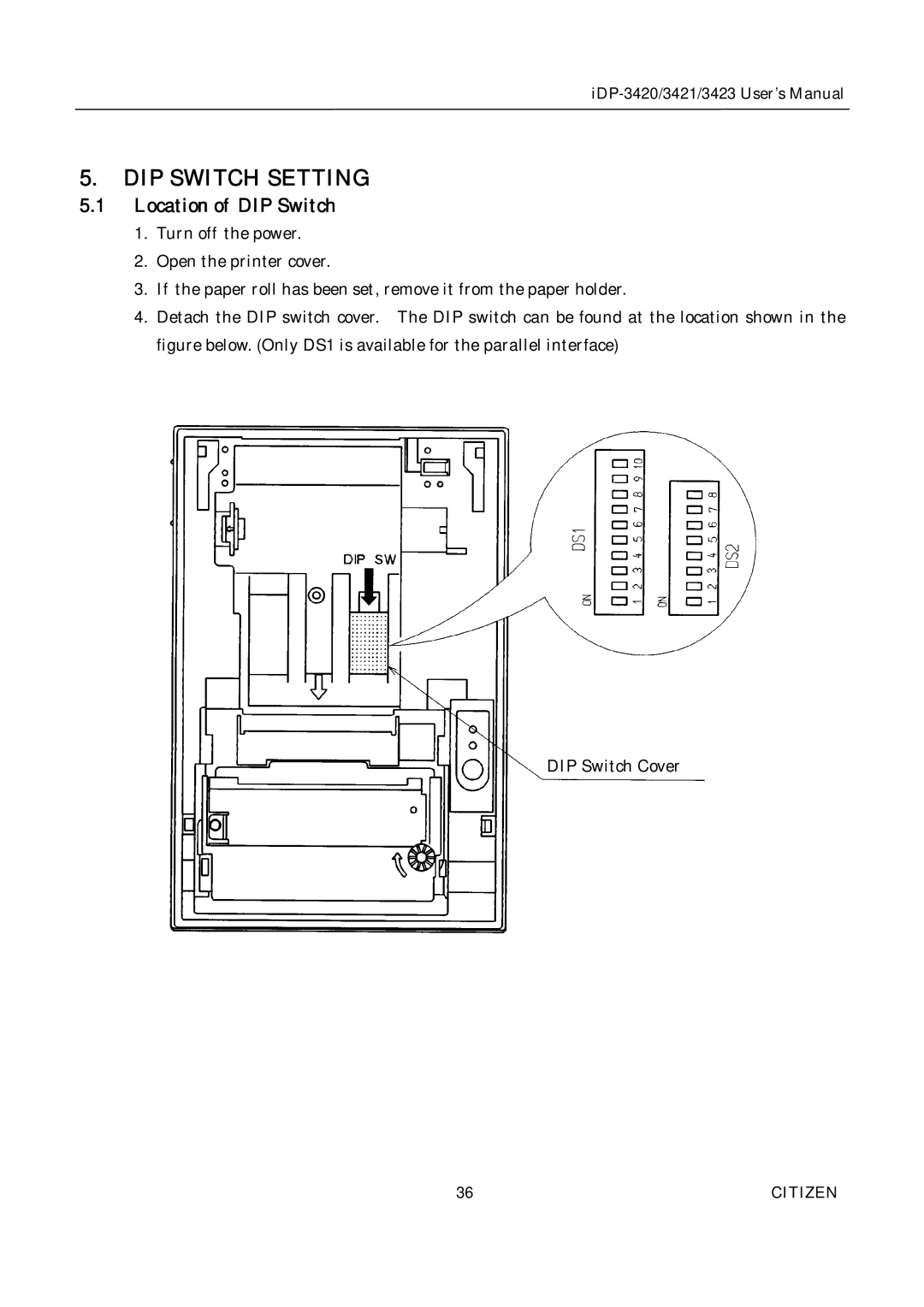 Citizen Systems iDP-3420, iDP-3421, iDP-3423 user manual DIP Switch Setting, Location of DIP Switch 