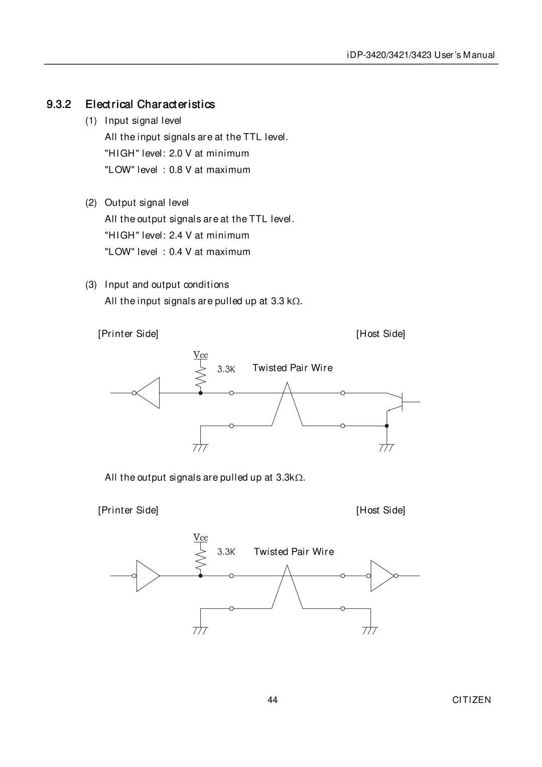 Citizen Systems iDP-3423, iDP-3420, iDP-3421 user manual Electrical Characteristics 