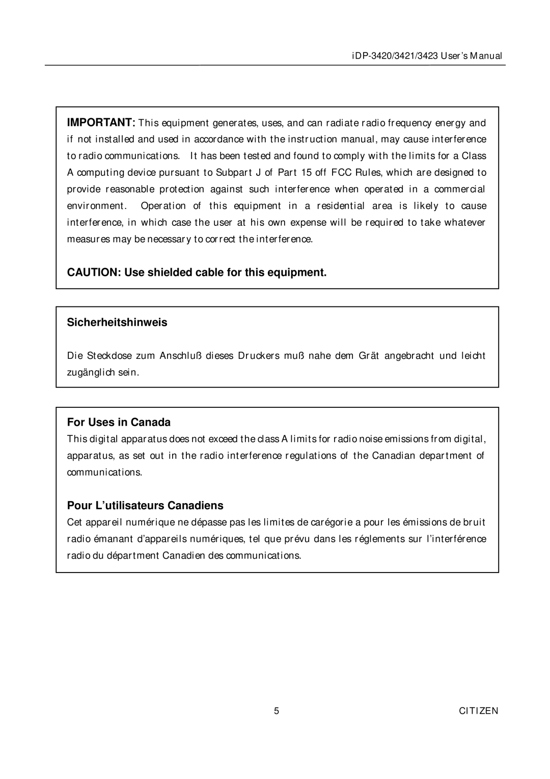 Citizen Systems iDP-3423, iDP-3420, iDP-3421 user manual Sicherheitshinweis 