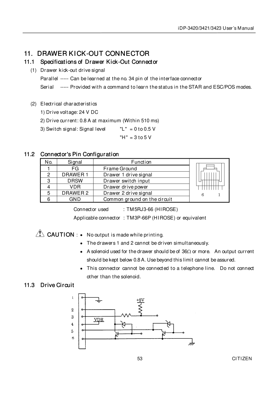 Citizen Systems iDP-3423, iDP-3420 Drawer KICK-OUT Connector, Specifications of Drawer Kick-Out Connector, Drive Circuit 