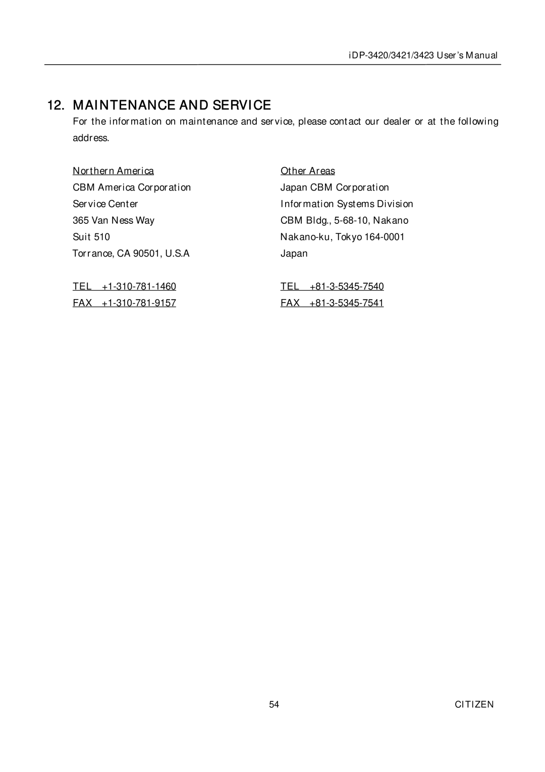 Citizen Systems iDP-3420, iDP-3421, iDP-3423 user manual Maintenance and Service 