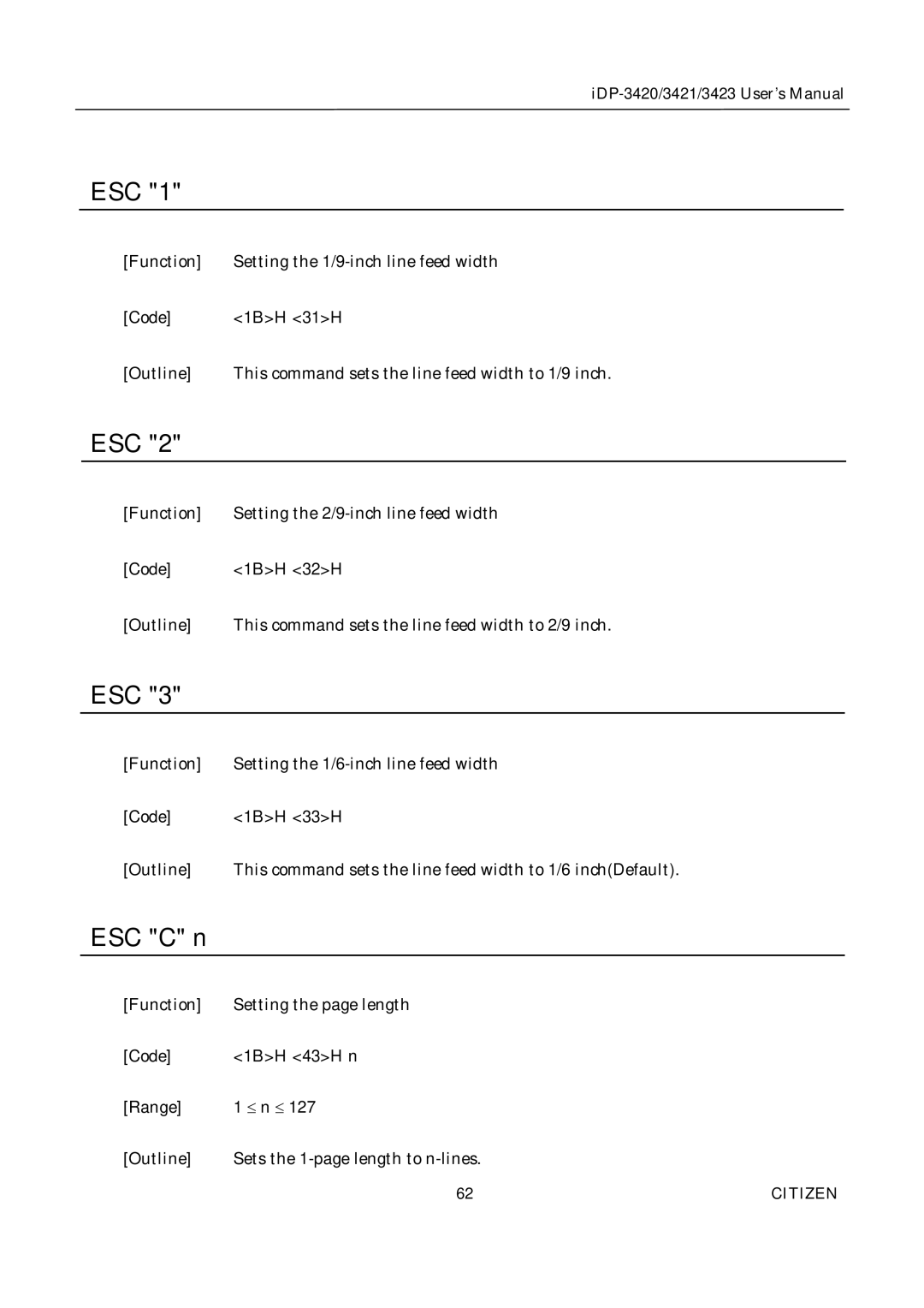 Citizen Systems iDP-3423, iDP-3420, iDP-3421 user manual Esc, ESC C n 