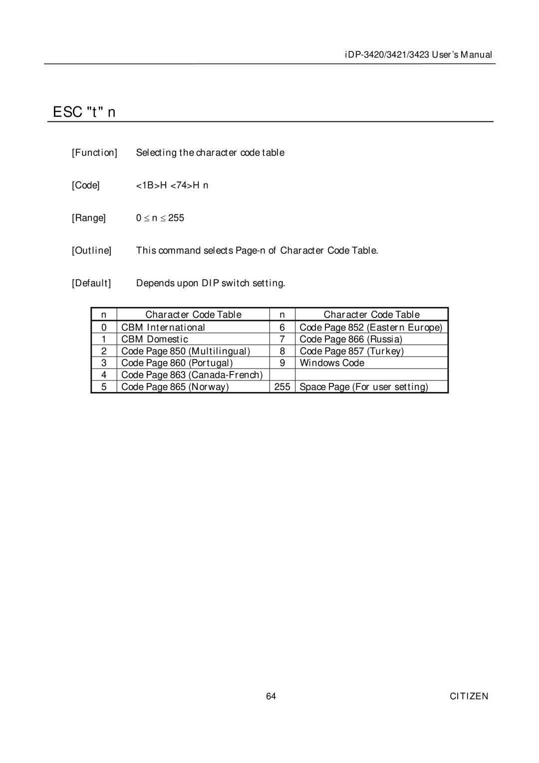 Citizen Systems iDP-3421, iDP-3420, iDP-3423 user manual ESC t n 