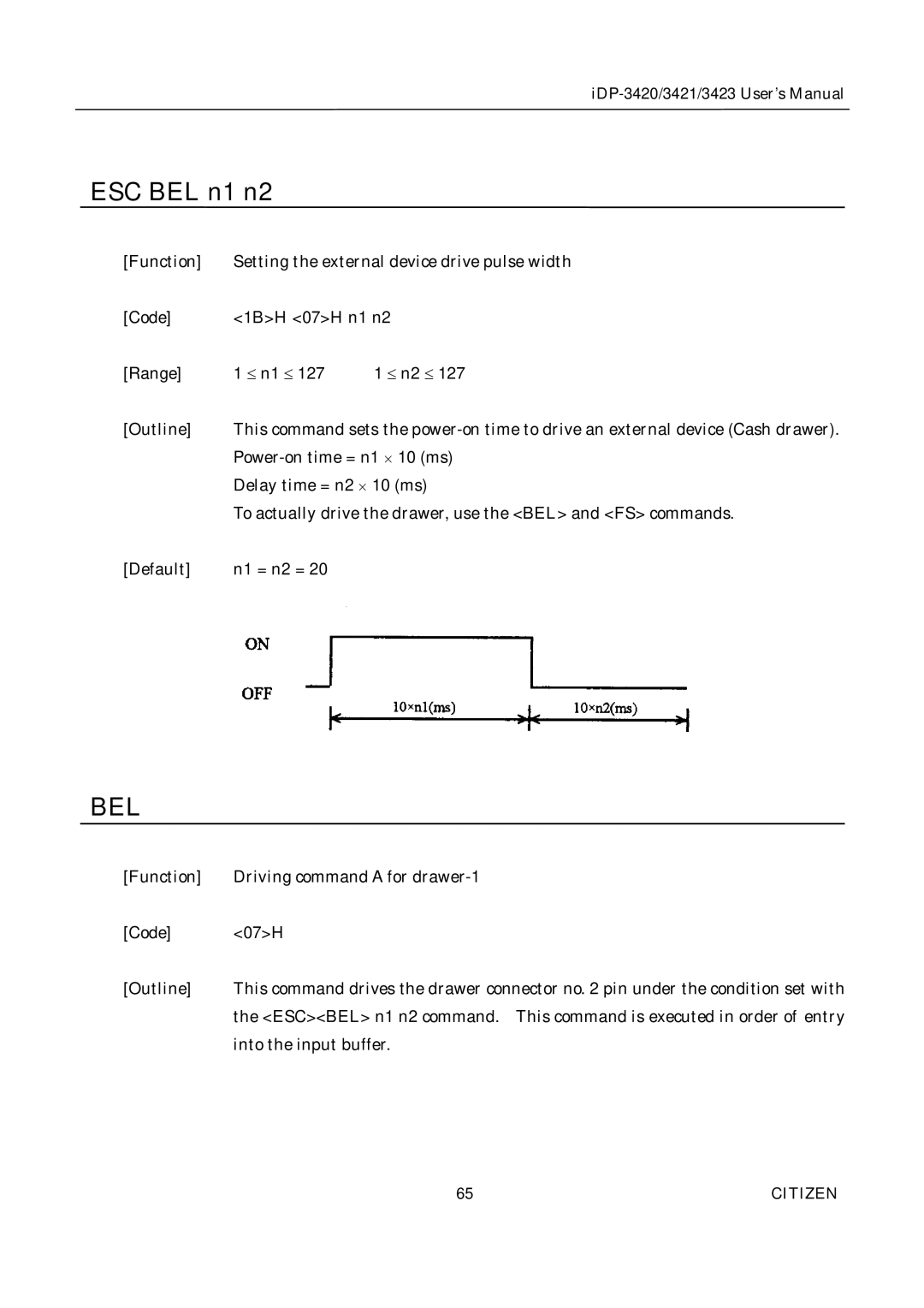 Citizen Systems iDP-3423, iDP-3420, iDP-3421 user manual ESC BEL n1 n2, Bel 