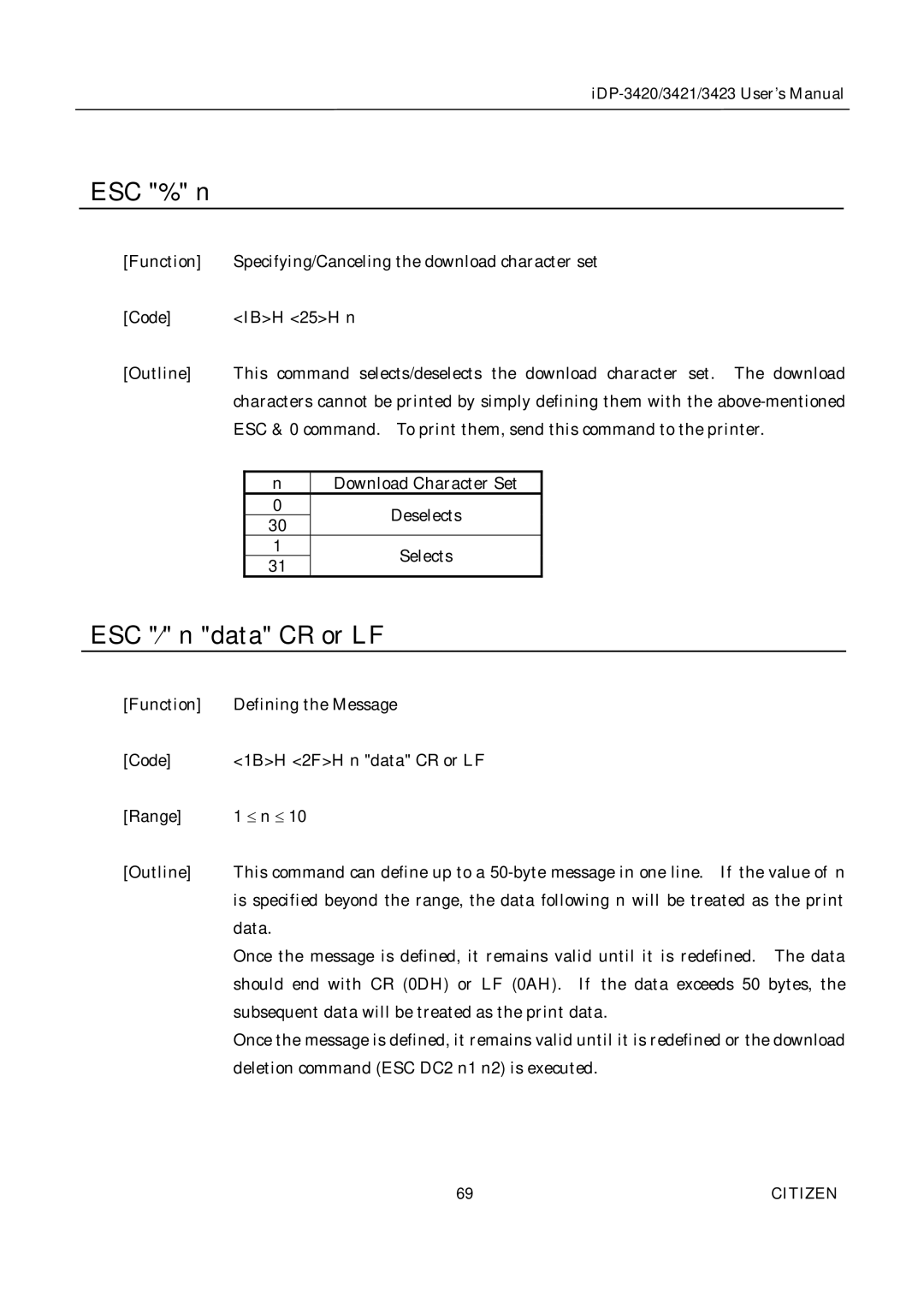 Citizen Systems iDP-3420, iDP-3421, iDP-3423 user manual ESC % n, ESC ¤ n data CR or LF 