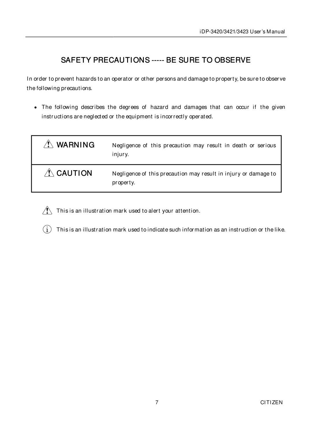 Citizen Systems iDP-3421, iDP-3420, iDP-3423 user manual Safety Precautions Be Sure to Observe 